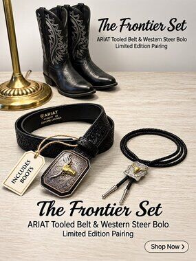 BUNDLED: ARIAT Tooled Leather Belt (42), Steer Bolo Tie & Black Cowboy Boots